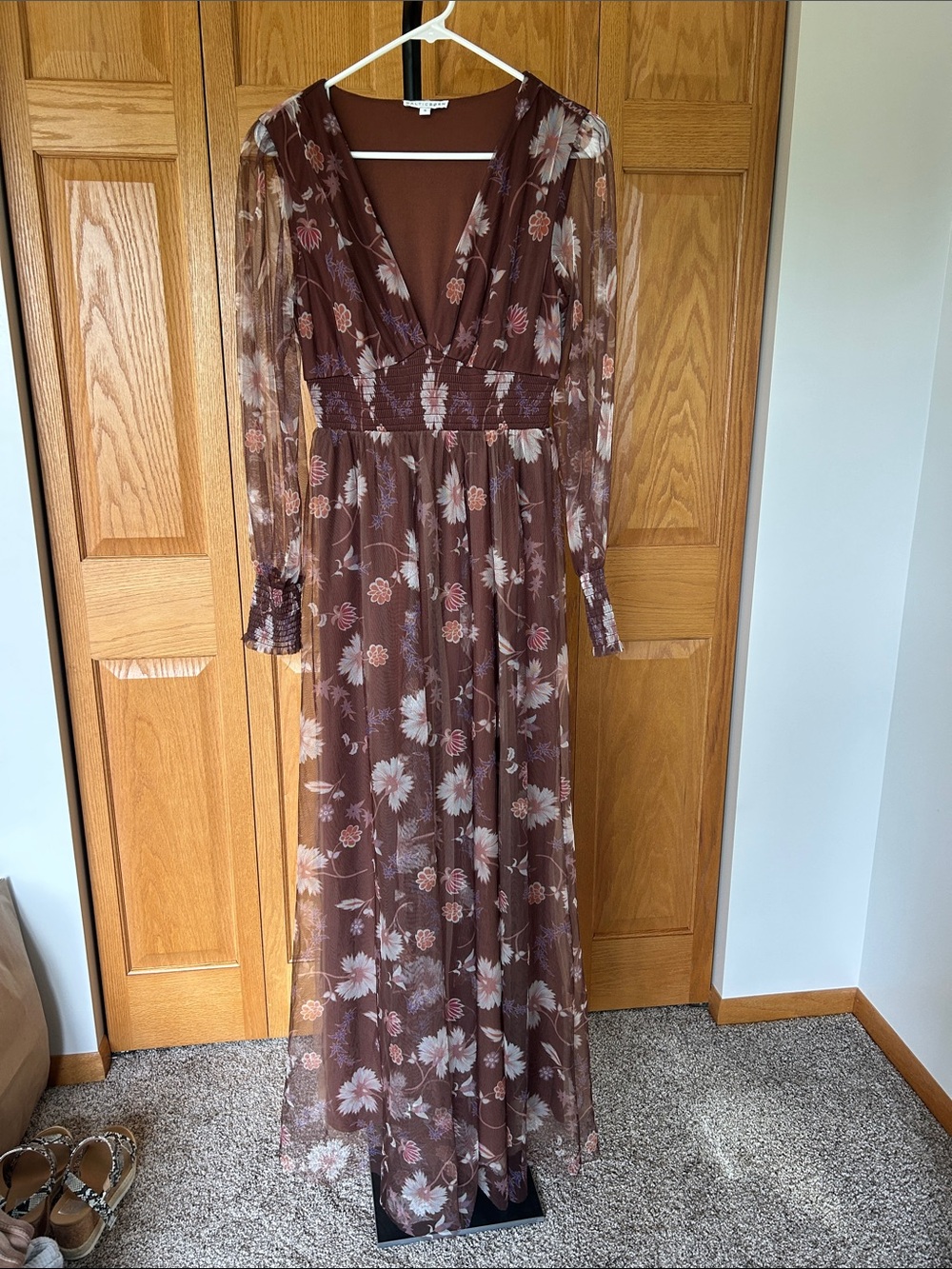 Baltic Born Brown Floral Sheer V-Neck Maxi Dress